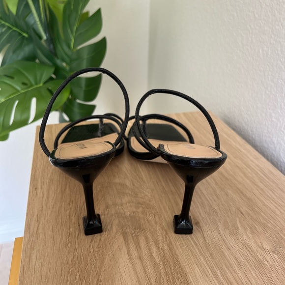 Black Square Toe Kitten Heel Strappy Sandal Toe Trendy Minimalist Contemporary - Picture 3 of 5
